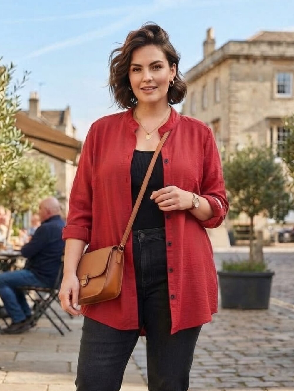 NWT John Mark Crimson Red Button-Down Tunic Top Size 2X Roll-Tab Sleeves
